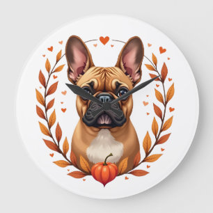 Vintage French Bulldog with Autumn Leaf Wreath and Large Clock