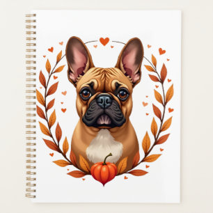 Vintage French Bulldog with Autumn Leaf Wreath and Planner