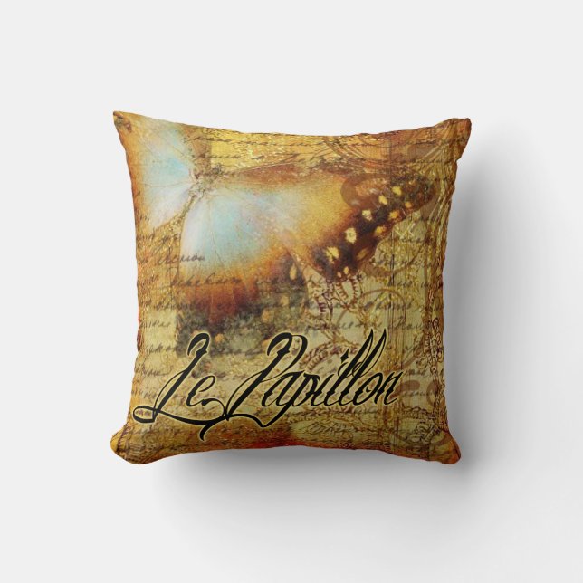 Vintage French Butterfly Le Papillon | amber Cushion (Front)