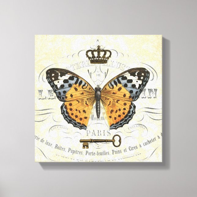Vintage French Butterfly stretched canvas Print (Front)