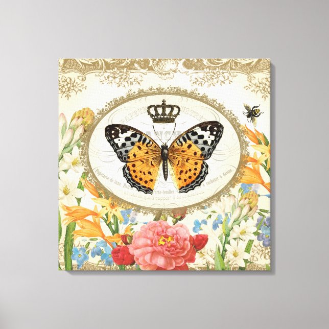 Vintage French Butterfly stretched canvas Print (Front)