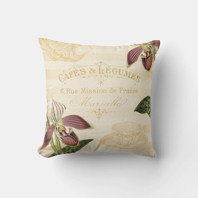 Vintage French Cafe Ad with Orchids Cushion (Front)