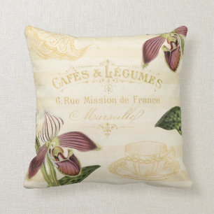 Vintage French Cafe Ad with Orchids Cushion
