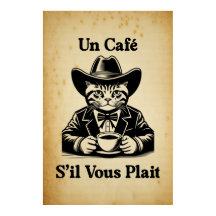 Vintage French Cafe Cat Cowboy Coffee Art Decor