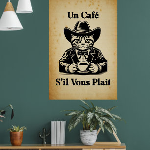 Vintage French Cafe Cat Cowboy Coffee Art Decor