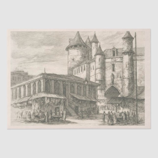 Vintage French Castle Etching Paris Decoupage Tissue Paper (Front)