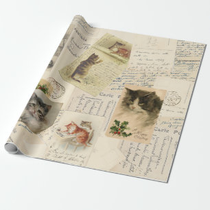 Vintage French Cat Postcard Christmas Holly Wrapping Paper