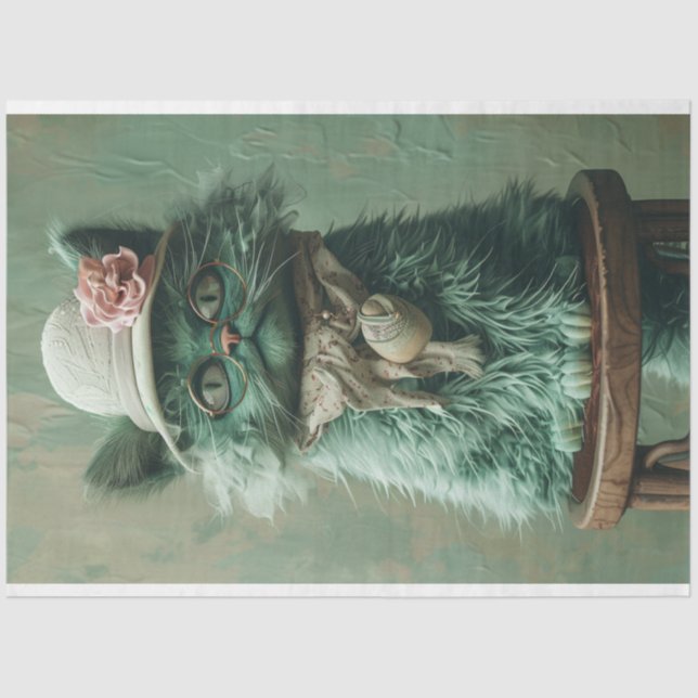 Vintage French Cat Sage Green Decoupage  Tissue Paper (Front)