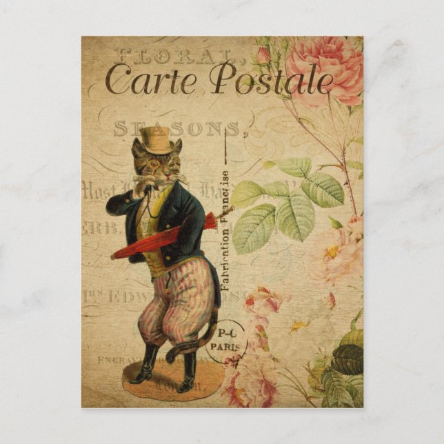 Vintage French Cat with monocle and umbrella Postcard (Front)