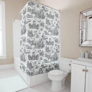 Vintage French Chariot of Dawn Toile de Jouy-Grey Shower Curtain