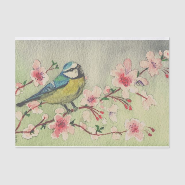 Vintage French Cherry Blossom  Titmouse Decoupage Tissue Paper (Front)