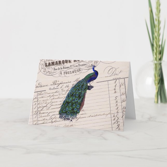 Vintage French Chic Blue Peacock Card (Front)