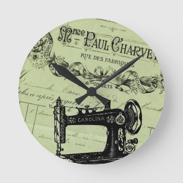 Vintage French Chic Sewing machine Round Clock (Front)