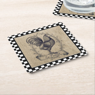 Vintage French Chicken on Chequerboard Square Paper Coaster