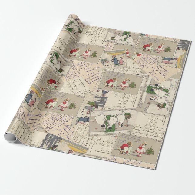 Vintage French Children Christmas Wrapping Paper (Unrolled)