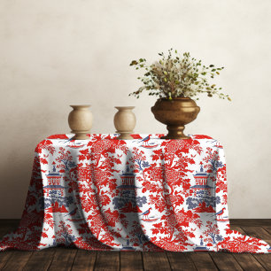 Vintage French Chinoiserie Red Blue Monogram Tablecloth