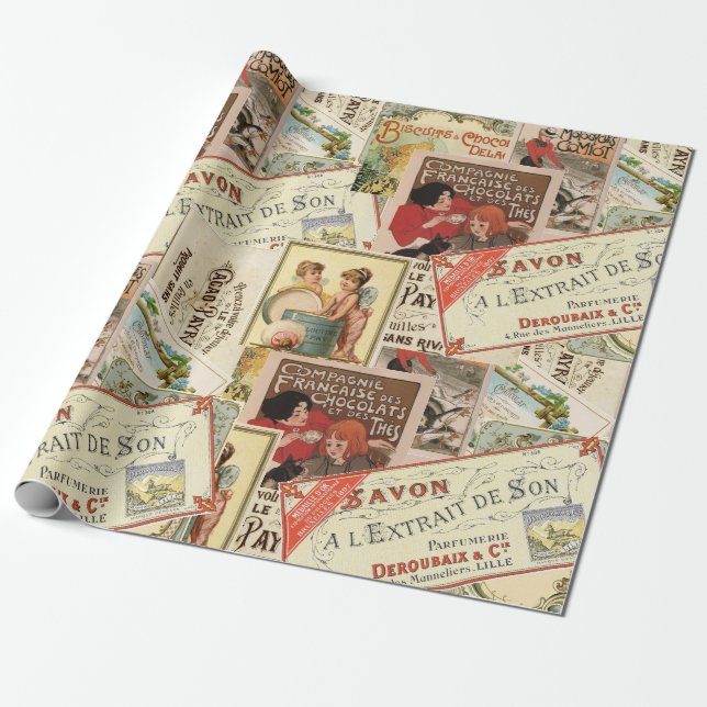 Vintage French Chocolate Advertisement Collage Wrapping Paper (Unrolled)