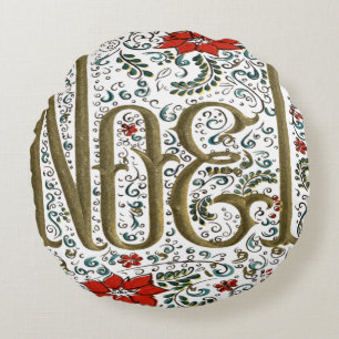 vintage french christmas poinsettia joyeux noel round cushion
