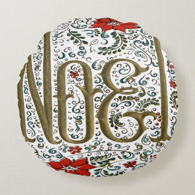 vintage french christmas poinsettia joyeux noel round cushion (Front)