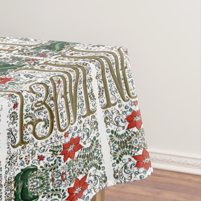 vintage french christmas poinsettia joyeux noel tablecloth (In Situ)
