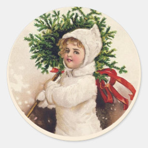 Vintage French Christmas Tree Girl Holiday Classic Round Sticker