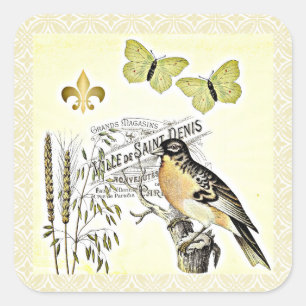 Vintage French Collage Bird Butterfly Fleur Square Sticker