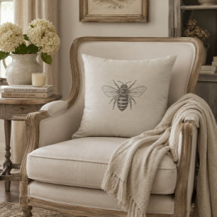 Vintage French Country Bee Neutral Rustic Farmhous Cushion