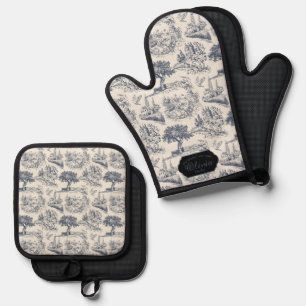  Vintage French Country "Blue Toile de Jouy " Oven Mitt & Pot Holder Set