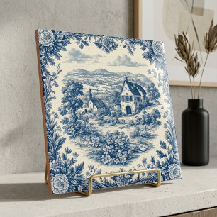 Vintage French Country Blue Toile de Jouy Pastoral Tile