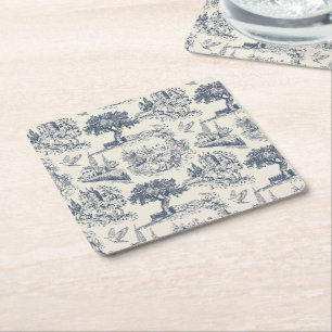 Vintage French Country "Blue Toile de Jouy " Square Paper Coaster