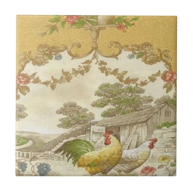 Vintage French Country Rooster Hen Ceramic Tile (Front)