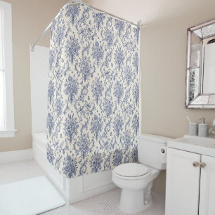 Vintage French Country Toile de Jouy Blue Pattern Shower Curtain