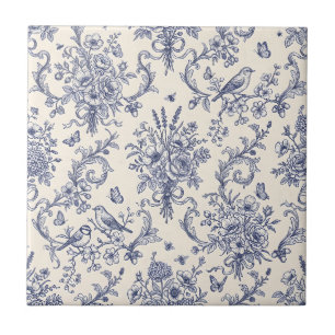 Vintage French Country Toile de Jouy Blue Pattern Tile