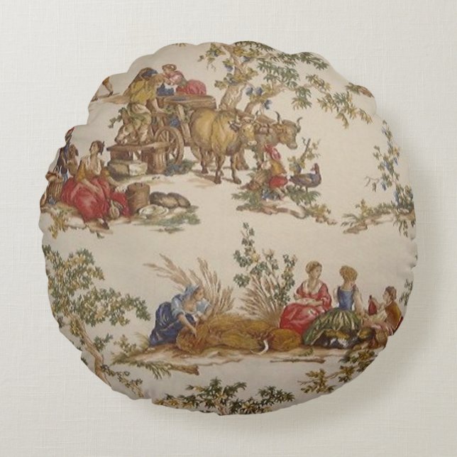 Vintage French Country Toile print round pillow (Front)