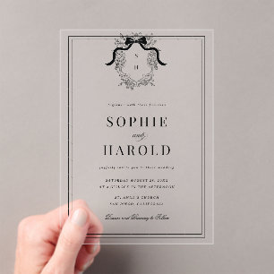 Vintage French Crest Coquette Bow Monogram Wedding Acrylic Invitations