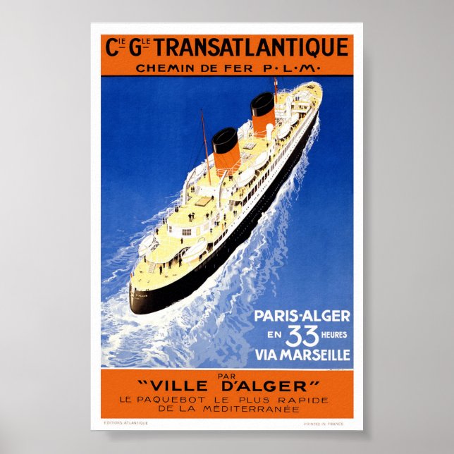 Vintage French Cruise Ship Transatlantique Travel Poster (Front)