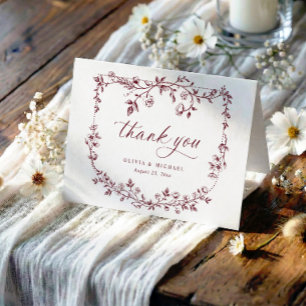 Vintage French Dark Burgundy Red Tan Photo Wedding Thank You Card