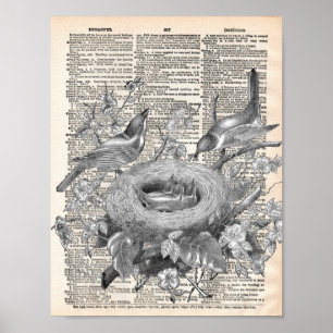 Vintage French dictionary with nesting birds Poster