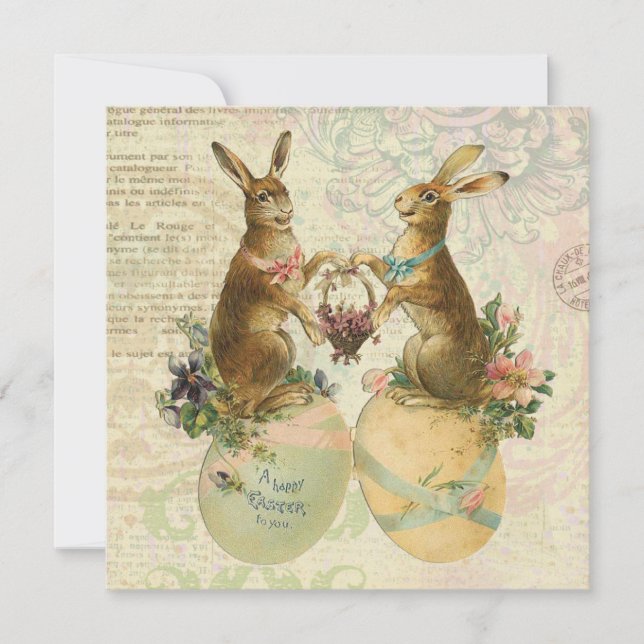 Vintage French Easter bunnies Holiday Card (Front)