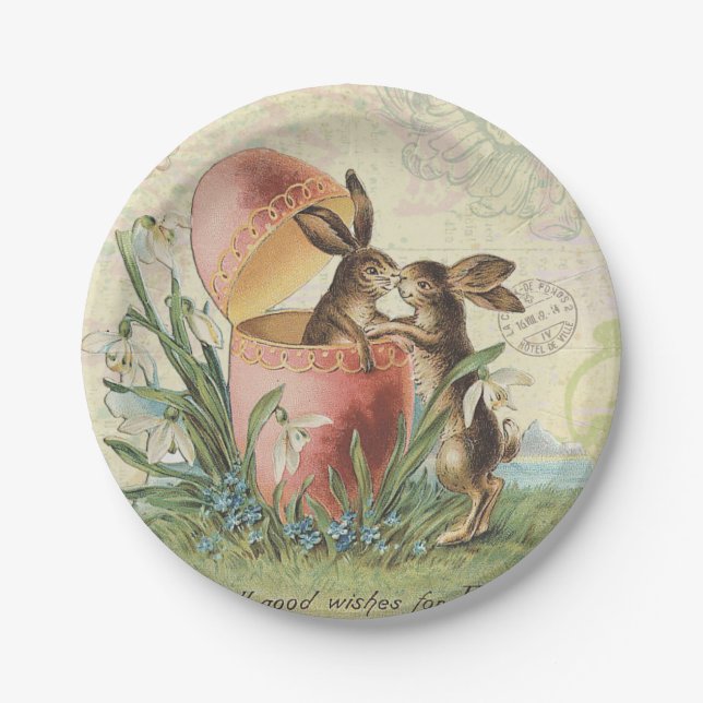 Vintage French Easter bunnies Paper Plate (Front)