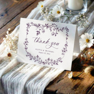 Vintage French Eggplant Purple Tan Photo Wedding Thank You Card