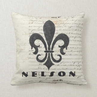 Vintage French Ephemera Fleur De Lis Custom Name Cushion
