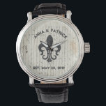 Vintage French Ephemera Fleur De Lis Custom Watch<br><div class="desc">Custom/Personalised unisex watch design with Fleur De Lis (an abstract image of a lily, and the three petals on top represent faith, hope and charity) and Couple's Names/Wedding Date against a Vintage French Ephemera. Great for a Wedding-Gift (buy two for a couple as a wedding keepsake) Bridal-Shower-Gift Father's-Day-Gift Anniversary-Gift Valentine's-Day-Gift...</div>