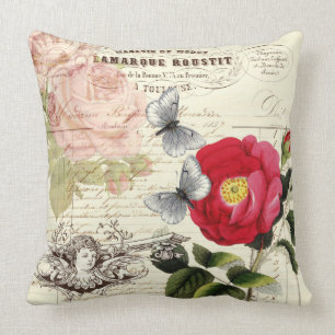 Vintage French Ephemera Roses Butterflies Collage Cushion