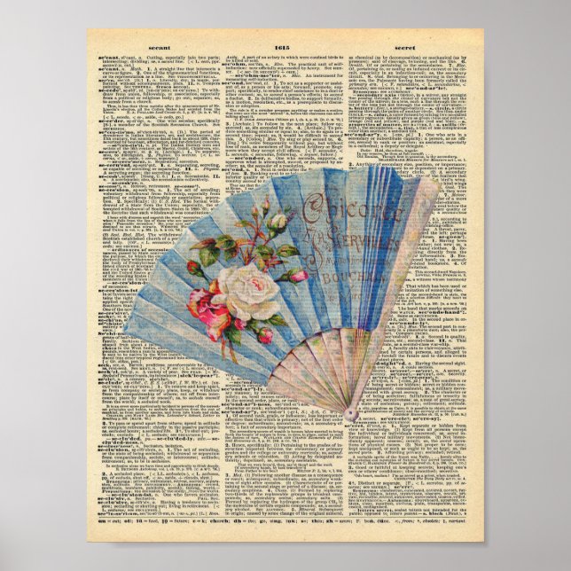 Vintage french fan on a  vintage dictionary poster (Front)