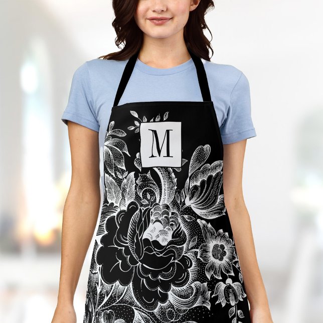 Vintage French Farmhouse Peony Monogram Chic Black Apron (Creator Uploaded)