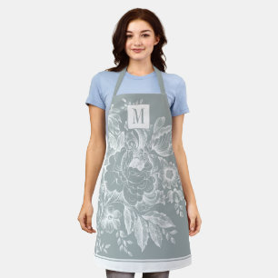 Vintage French Farmhouse Peony Monogram Light Grey Apron