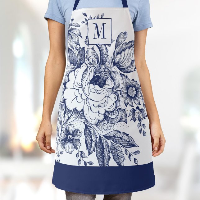 Vintage French Farmhouse Peony Monogram Navy Blue Apron (Creator Uploaded)