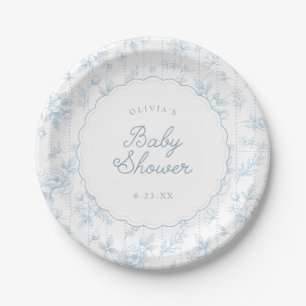 Vintage French Floral Blue Scalloped Baby Shower Paper Plate