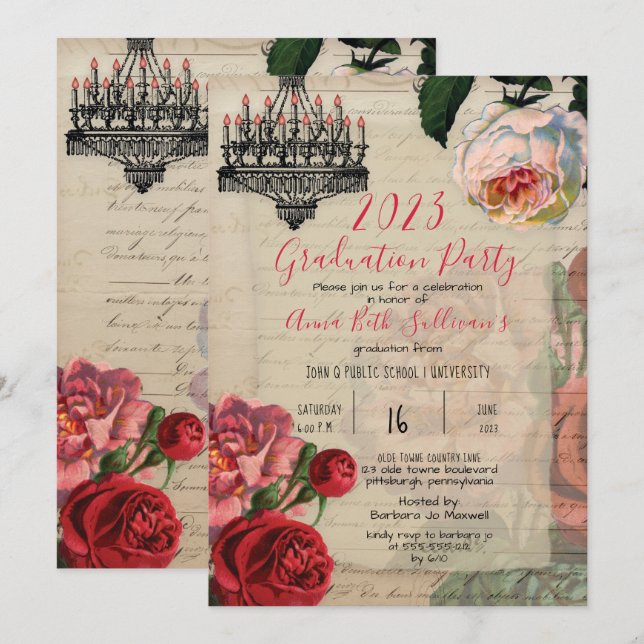 Vintage French Floral Boho Graduation Party Invitation (Front/Back)